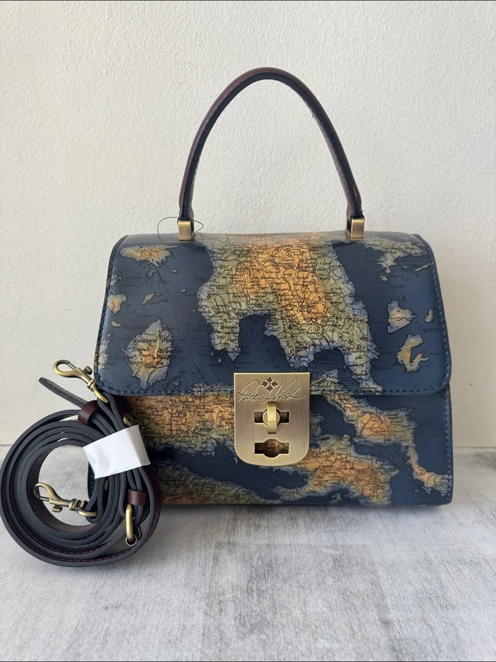 PATRICIA NASH Leather Chauny Satchel Handbag Xbody Greek Map Print Navy Yellow